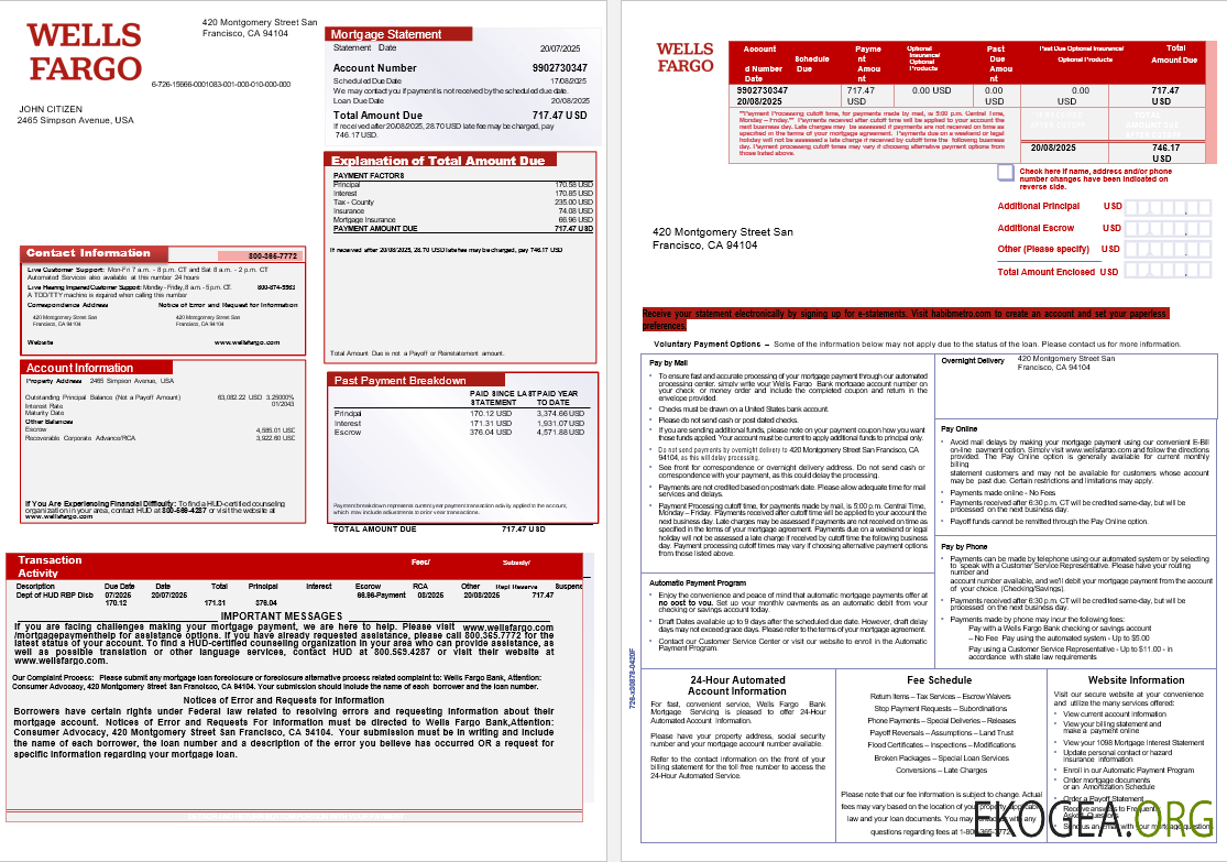 Relevé hypothécaire de la banque USA Wells Fargo aux formats Word et PDF, 3 pages 1 , 2